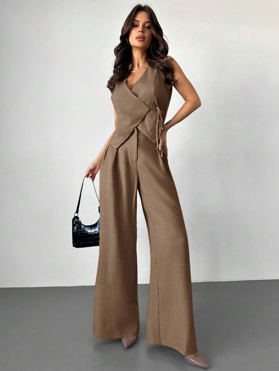 Firerie Festival New Simple & Elegant Daily Office Linen Color Solid Wrap Tie Waist Vest & High Waist Pleated Wide Leg Long Pants Suit, Office Wear Vest Suit Set, Spring/Summer,Business Casual Woman In Fall/Winter - Mocha Brown - View 1