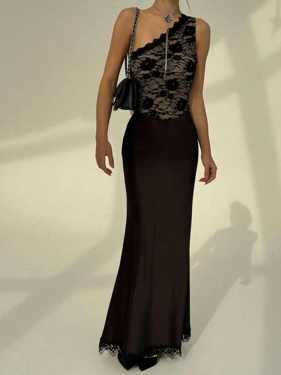 Aloruh Lace & Mesh Patchwork Satin Asymmetrical Neck Elegant Dress - Black - View 1