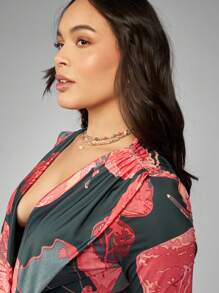 MISSGUIDED PLUS Floral Ruched Mini Dress Plus Size Plunge Neckline Long Sleeve Fitted Bodycon Party Club Night Out Winter Fall Holiday - Multicolor - View 6