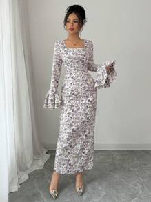 Modelyn Robe moulante à manches longues avec imprimé tissé violet pour femmes - Prune - Voir 7