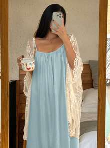 DAZY Lace Trim 2pcs/Set Loose Women Pajama Set, Fall Winter Clothes - Blue - View 3