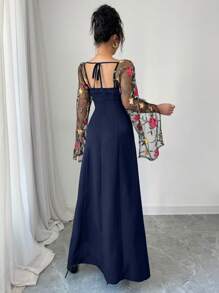Elenzga Abito lungo attilliato da donna con vita aderente, patchwork in rete e ricamo a rose senza spalline