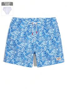 Manfinity KASUA Men's Casual Vacation Cashew Print Drawstring Waist Beach Shorts - Blue - View 3