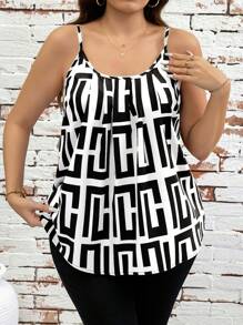 SHEIN Clasi Kamisol Longgar Kasual Motif Geometris untuk Wanita Ukuran Besar - Hitam dan Putih - View 6