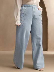 Anewsta Fashionable, Elegant, And Modern Hand-Stitched Rhinestone Straight Leg Pants For Women, Commuter Outfits Rhinestone Jeans - Light Wash - View 4