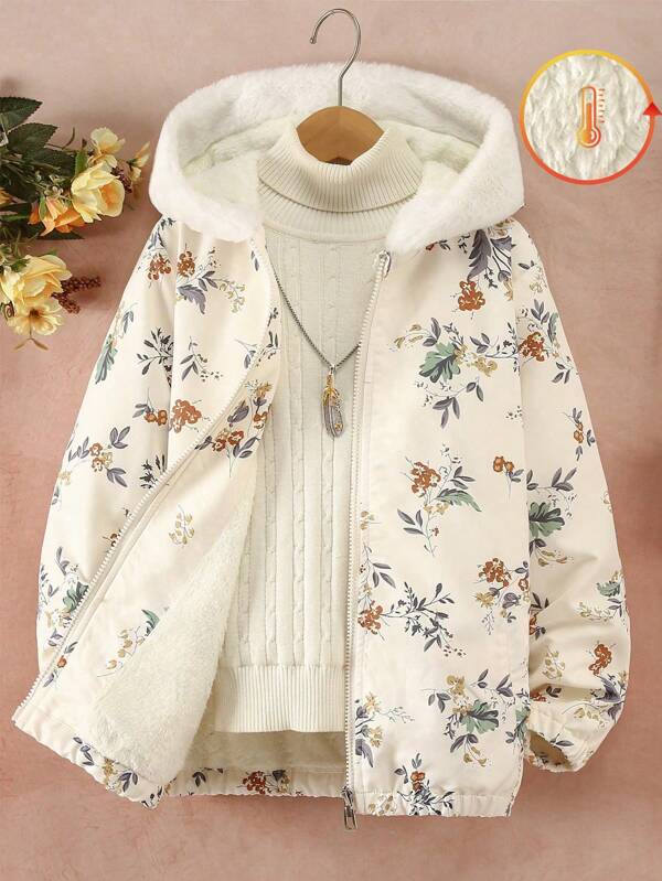 SHEIN Chaqueta cálida forrada para el invierno con capucha con cremallera, cuello esponjoso y estampado completo para niña preadolescente