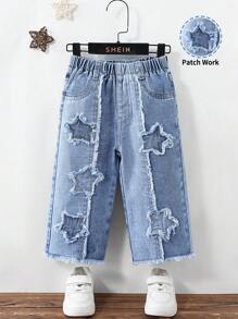 Denimly 女童休闲日常都市街头风格浅色洗水时尚阔腿牛仔裤，带星星贴花、拼布、撞色、流苏、松紧腰设计 - 淺色水洗藍 - 查看 1