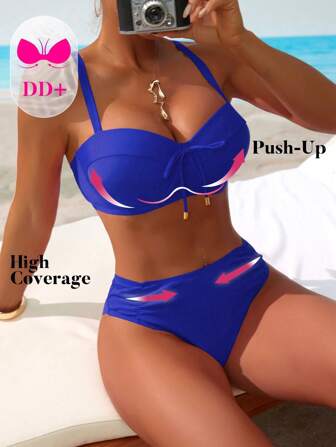 Swim DD+ Springbreak 2st badkläder för kvinnor med bowknot framtill, remmar bak, rynkad sida, bystlyft och stöd för DD Cup, Fashion Holiday Beach Style