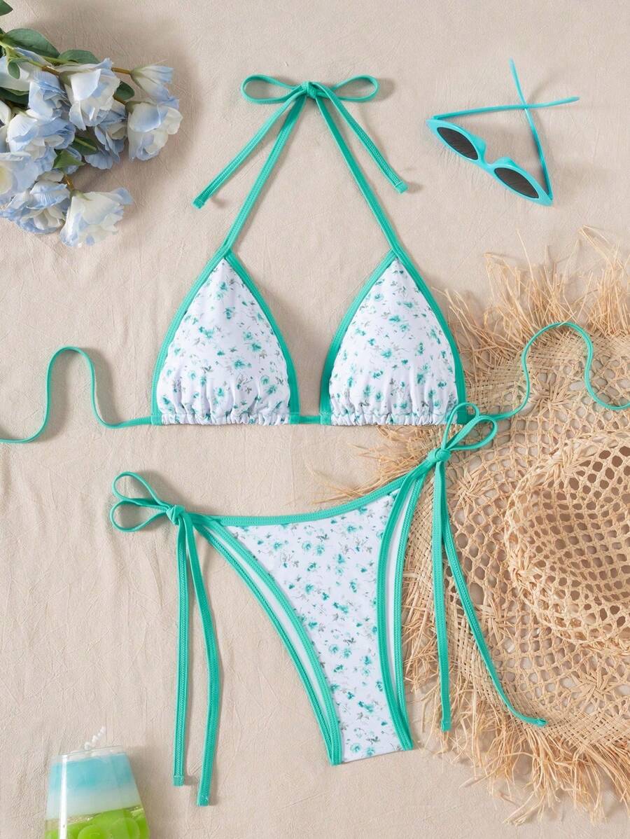 Swim Mod 女士夏季海滩碎花吊带性感比基尼 2 件套泳衣套装 - 綠色 - 查看 1