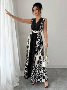 Chiquease Elegant V-Neck Sleeveless Color Block Midi Dress