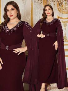 Modelyn Elegant Beaded Decor V-Neck Extra Long Sleeve Fitted Midi Dress, Plus Size, Spring/Summer Fall Cloth For Women - Burgundy - View 1