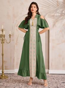 Al Najma Women's Floral Open Shoulder Ruffle Sleeve Arabic Style Dress - Green - View 6