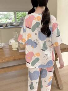 SHEIN 青少年女孩可爱拼色熊印花圆领短袖上衣和宽松裤子 2 件套睡衣套装 - 杏色 - 查看 2