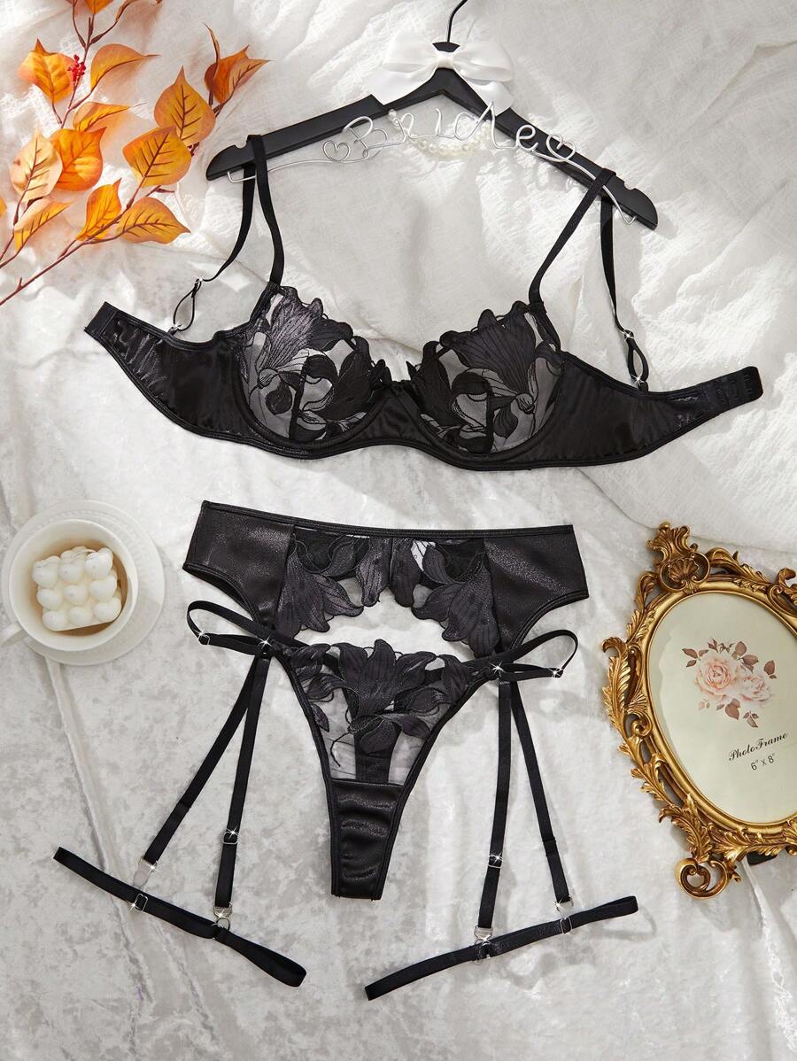 SHEIN 5件套女士性感外出内衣套装 - 黑色 - 查看 1