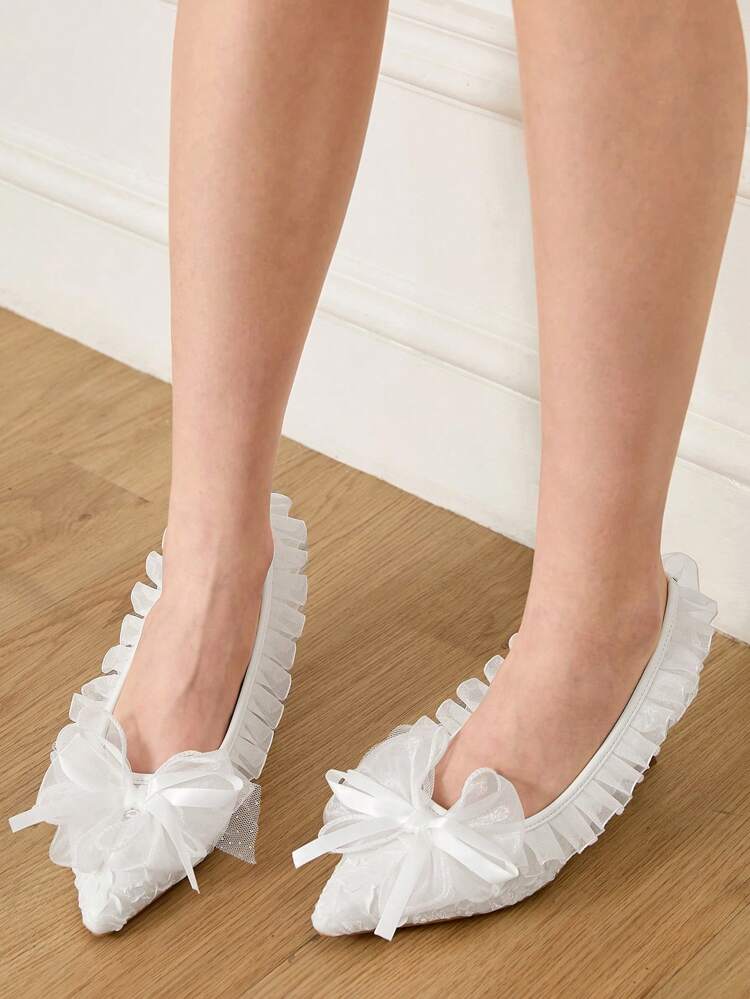 CUCCOO HITCHD Pointed Toe Low Heeled Pearl Lace White Wedding Shoes, Elegant Women's High Heel Pumps