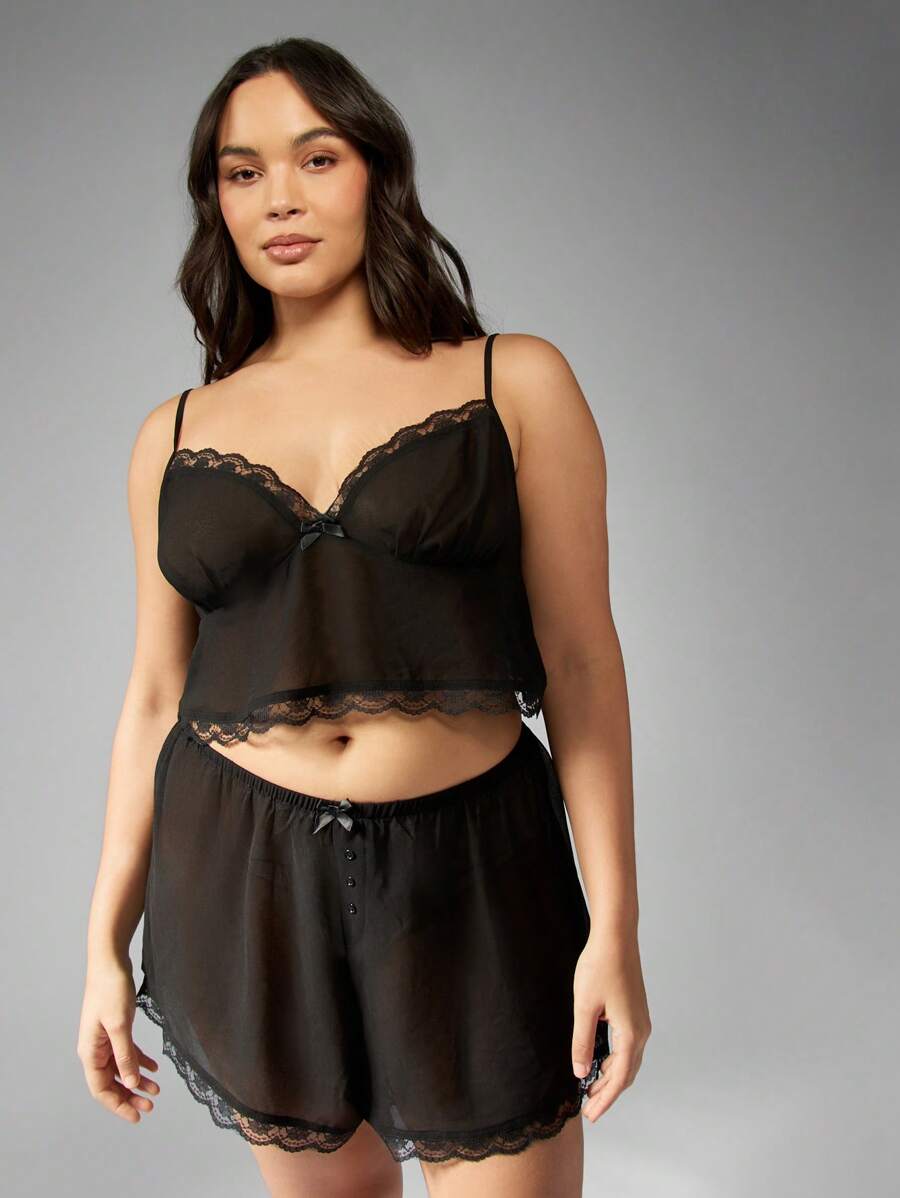 MISSGUIDED PLUS Plus Size Chiffon Lace Trimmed Pajama Set｜MISSGUIDED