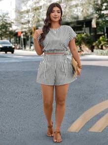 SHEIN LUNE 2 stuks Plus Size Vrouwen Casual Blauw & Wit Gestreepte Forensenoutfit Tweedelige Zomerset Zomerset Tweedelige Set Plus Size Vrouwen Zomer Boho Oud Geld Katoen