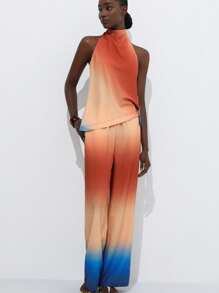 SHEIN Privé New European & American Fashion Ladies' Minimalist Generous Resort Leisurely Commuting Elegant Tie Dye Color Block High Neck Sleeveless Asymmetrical Blouse With Loose Wide Leg Pants 2 Pieces Set - Multicolor - View 1