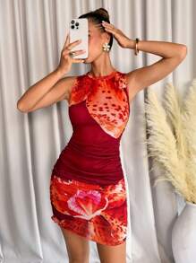 SHEIN Clasi 女士鸢尾花印花修身中长连衣裙，网眼性感时尚 - 彩色 - 查看 3