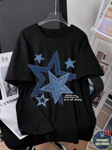 Teen Girls Slogan Star Print Loose Fit Round Neck Short Sleeve T-Shirt - Black - View 1