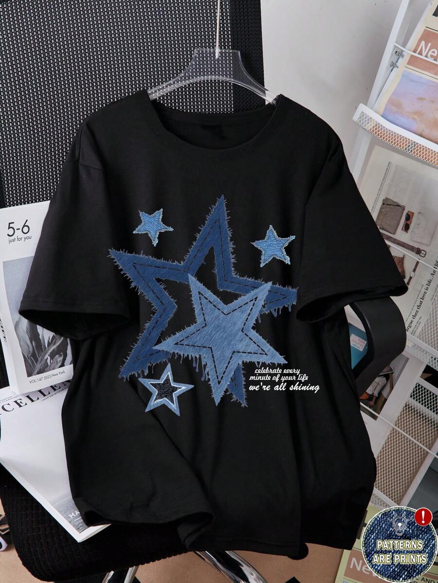 Teen Girls Slogan Star Print Loose Fit Round Neck Short Sleeve T-Shirt - Black - View 1