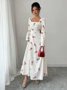 Modelyn Woman's Printed Long Fitted Dress With Contrast Fabric Panel Fall Cloth For Women - Apricot - View 7