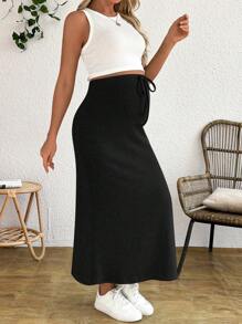 SHEIN Maternity Adjustable Waist Drawstring Tank Top And Fitted Skirt 2 Pieces Set - Black - View 6