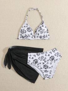 SHEIN Cute Tween Girl' Ditsy Floral Printed Triangle Top & Ruffled Skirt Swimwear Set (Print Style Random) - Multicolor - View 5