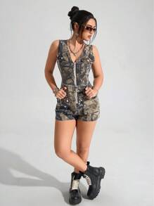 SHEIN EZwear Women's Camo Print Romper - Multicolor - View 3