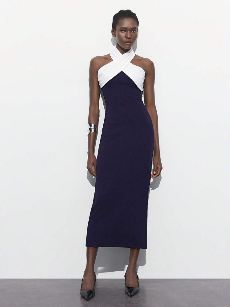 SHEIN Maija Elegant Navy And White Color-Block Twist Design Fitted Summer Dress,Suitable For Dining,Party,Valentine's Day,Holiday Wear,Wedding Guest,Formal Dress