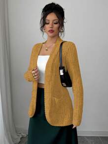 Chiquease Women Casual Ribbed Brushed Open Front Side Pockets Shorts Jacket, Lightweight - Ginger - View 7