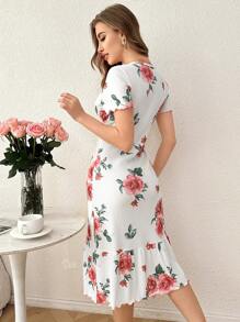 夏季休闲罗纹花卉印花短袖睡袍 - 彩色 - 查看 3