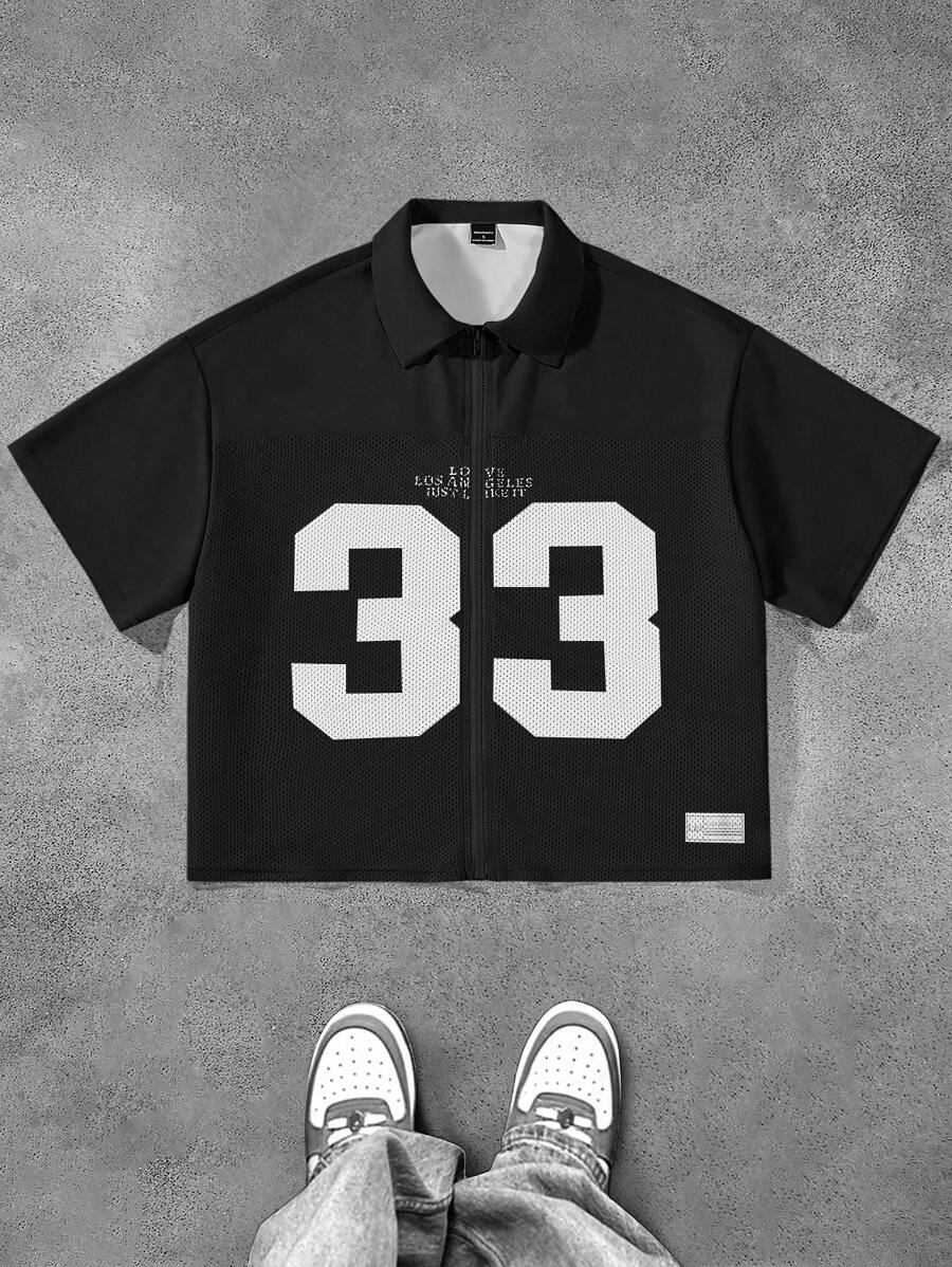 Manfinity Campus Court Men's Short Sleeve Mesh Patchwork Letter Print Zip-Up Shirt , Men Cropped Shirts , Streetwear Shirt , Men Streetwear Shirts - Black - View 1