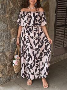 SHEIN VCAY Plus Size Women Plant Print Off Shoulder Ruffle Hem Vacation Dress - Multicolor - View 4
