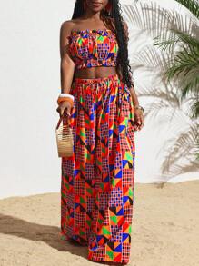 Slaydiva 夏季新品度假彩色钻石格纹印花荷叶边下摆抹胸+松紧腰阔腿裤女两件套 - 彩色 - 查看 5