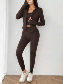 SHEIN EZwear 3 بيس طقم رياضي مُحبك للنساء بالبني