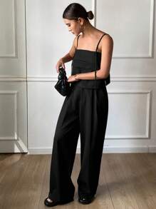 DAZY 2 件套女士复古风格纯色吊带背心和阔腿阔腿裤套装，春夏 - 黑色 - 查看 4