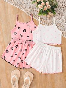 SHEIN Leap Crew Bộ đồ ngủ dệt kim 4 món/bộ in họa tiết dễ thương cho bé gái mùa hè - Màu Hồng baby - Xem 2