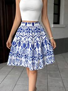 Pariaura Spring And Summer Printed Women's Skirt - Vacation And Casual Style High-Waisted A-Line Skirt, Lightweight, Breathable And Slimming Mid-Short Length Umbrella Skirt