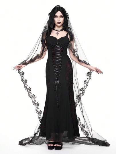 Gothic Style Wedding Season Heavily Lace Patchwork Mermaid Silhouette Dress For Women