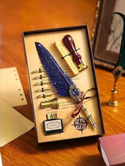 1 Set Jubaboz Calligraphy Brush Pen With Stamp And Sealing Wax, Feather Pen, Ink, Vintage Writing Ink Dip Pen With Mechanical Gear Back To School