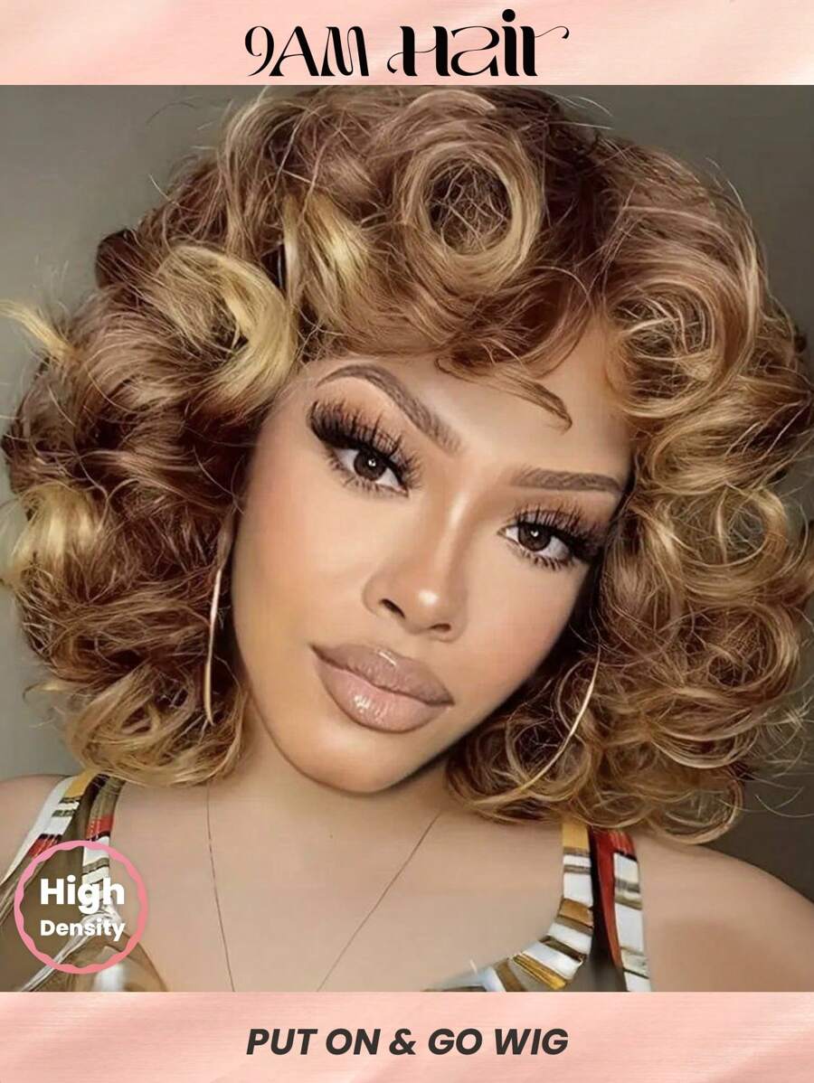 Density Pro 4/27 Dark Brown & Ash Blonde 100% Human Hair Wig Big Bouncy Curls With Bangs 6inch Length & 200% Ultra Density Fluffy Voluminous Curls With Dimension & Movement Beginner Friendly & Easy Wear For Cool Skin Tones - 9AM Hair Sport Vacation Travel Festival Prom Outdoor Cosplay Campus School Beach Wedding Camping Holiday Outfits Summer Outfits Vacay Vibes Charm Elegant Casual Y2k Fashion Styles Ss25 Adjustable Straps & Breathable Cap Construction - S4/27 - View 1