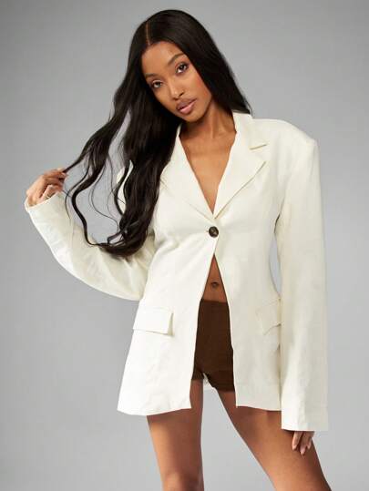 MISSGUIDED Professional Linen Blazer Single Button Office Work Business Suit Jacket Modern Tailored Long Sleeve Career Workwear Spring Summer Lightweight Business Attire