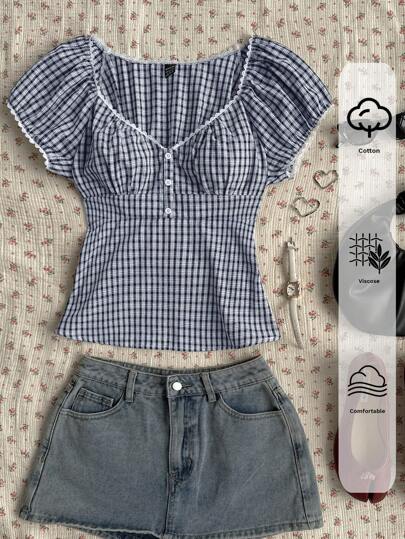 Comfortcana Navy & White Plaid Casual Plus Size Shirt, Fashionable For Summer