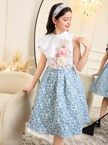 青春期女孩优雅两件套：不对称荷叶边袖子领衬衫和裙子 - 藍色 - 查看 1