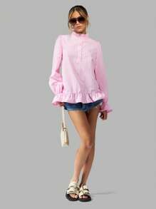 MISSGUIDED Elegant Striped Ruffle Blouse Long Sleeve Button-Up Victorian Style Spring Summer Office Wear Cottage Core Professional Work Top Puff Sleeve Statement Piece - Multicolor - View 4