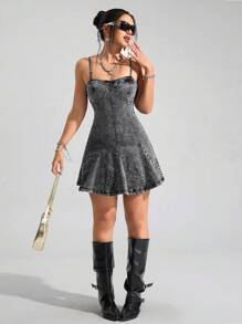 SHEIN EZwear Women's Casual Denim Camisole Dress With Pleated Hem - Grey - View 3