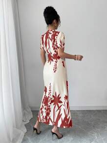 Chiquease V-Neck Casual Printed Vacation-Style Tie-Up Short Sleeve Dress - Red - View 2