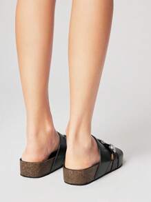 ROMWE Grunge Punk Women's Dark Rock Punk Goth Sandals, Summer Open Toe Rivet Strap Roman Beach Flat Slide Slippers, Halloween - Black - View 5