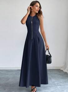 Firerie Women's Elegant Commuter Round Neck Sleeveless Front Zipper Dress,Business Casual Woman - Navy Blue - View 7